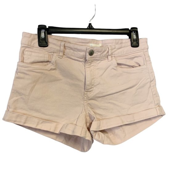 H&M Women's Comfy Blush Pink Mid Rise Stretch Roll-Up Denim Shorts Size 10 - Picture 1 of 6
